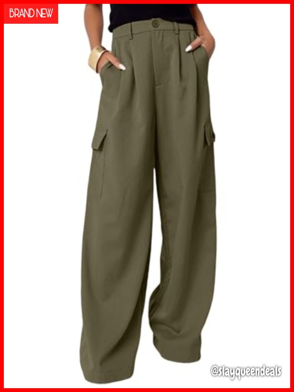 High Waisted Wide Leg Pleated Cargo Pants Baggy Casual Work Pants 4 Pockets